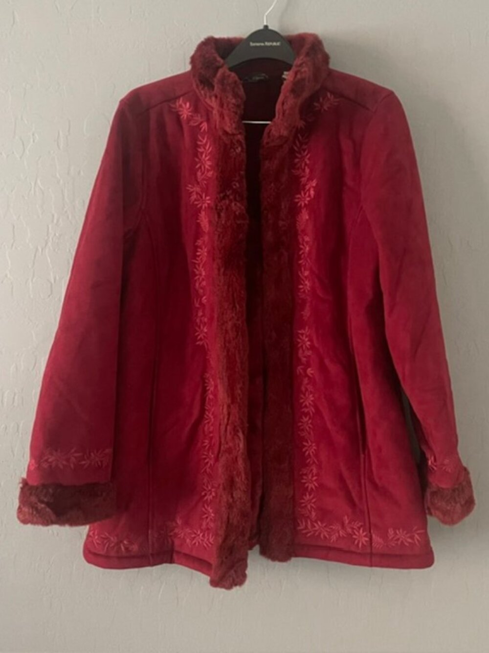 VTG L.L. Bean Red Faux Suede Embroidered Penny Lane Faux Fur Trim Coat Jacket XL